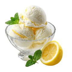 Refreshing lemon ice cream with mint and fresh lemon slice