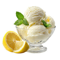 Refreshing lemon ice cream with mint and fresh lemon slice