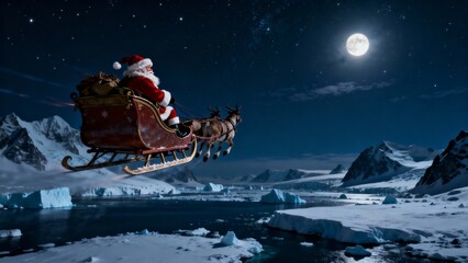 santa claus snowboarder jumping in the mountains