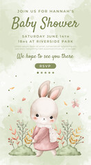 Watercolor baby shower cute animal bunny rabbit baby girl boy poster template card invitation