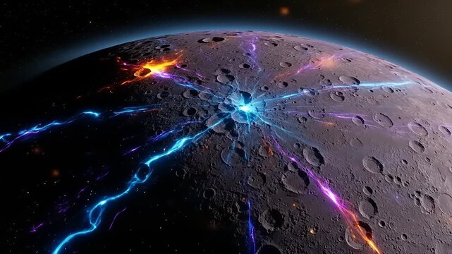 Futuristic Moon City with Neon Lights and Energy Beams.