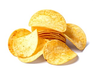 Stacked, golden chips on white