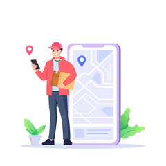 Smiling delivery person holds packages while checking smartphone, representing modern logistics and efficient service.