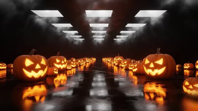 surreal halloween runway scene under storm lit skylights, glowing jack o lanterns arranged like sculptures with reflections shimmering across a glossy rain soaked floor, cinematic empty atmosphere