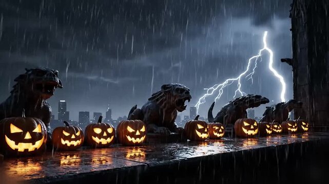 mysterious storm rooftop scene with jack o lanterns perched beside stone gargoyles, lightning splitting sky as rain drenches city skyline in cinematic halloween atmosphere