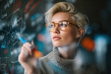 Image of a Caucasian woman brainstorming with charts in a creative office Attractive head of product design uses a glass board for team ideas