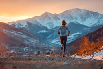 Fototapeta premium A fit young woman runs through a picturesque snowy mountain landscape at sunset warming up in leggings and a top for trail running