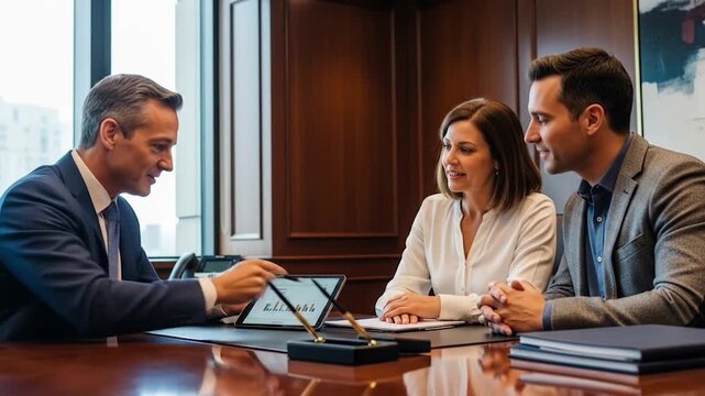Business presentation with couple reviewing charts on tablet in office setting