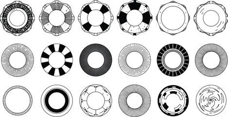 Collection of circular abstract patterns, radial geometric shapes, symmetrical round designs, perfect for graphic design, technology, UI, and backgrounds.