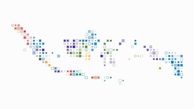 Indonesia map animation. Shape of the country with pulsating colored dots. Small size square blocks. Digital style Indonesia map on white background. Stylish video.