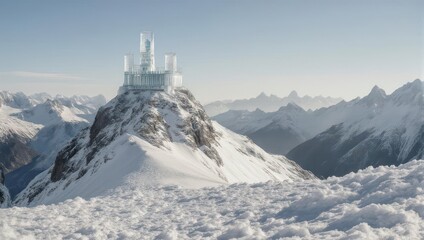 A glassy castle rests atop a snow-covered mountain peak, with majestic mountain ranges in the background
