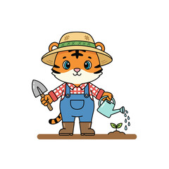 Cute Cartoon Tiger Gardening Vector Illustration