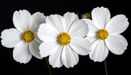 Three white cosmos flowers on black