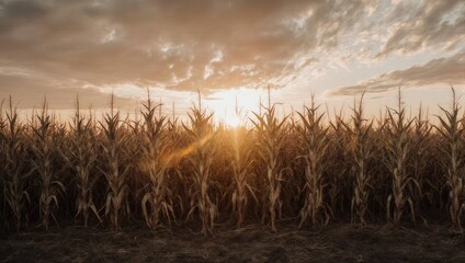 Fototapeta premium A golden sunrise backlights tall dried corn stalks in a field under a cloudy sky