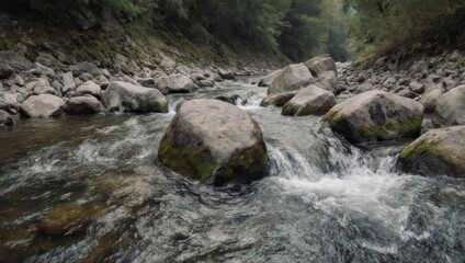 Fototapeta premium A flowing river cascades over mossy rocks in a forest, conveying serenity