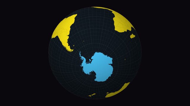 Antarctica map. Animated zoom into the country on the Globe in Charcoal Bright Yellow color palette. Country logo animation. Map with meridians, parallels. Classic video.