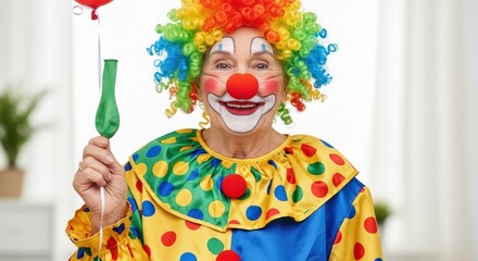 A cheerful elderly clown holding a red balloon.