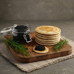 a wooden board holding a jar of caviar, blinis stacked neatly, and sprigs of fresh dill, arranged on a coarse linen napkin with soft, natural side lighting.