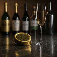  a caviar tin and a glass of champagne on a polished black granite counter, reflected beautifully in the surface, with a bokeh background of other bottles.