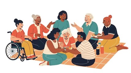 Group of diverse friends enjoying a picnic together on a blanket, sharing food and laughter