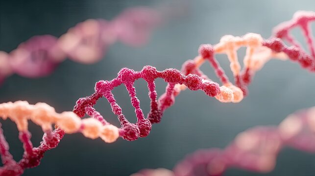 Glowing Holographic DNA Double Helix Strand in a Futuristic Sci Fi Style with Red Orange and Pink Tones on a Dark Blurred Background