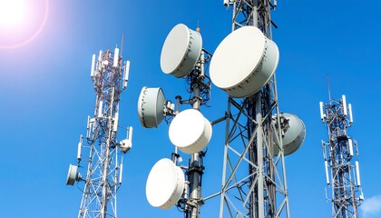 Telecom Communication Towers Modern Antenna Array Against Clear Blue Sky.