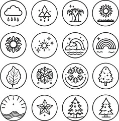 Collection of sixteen circular icons depicting different weather and nature elements in outline style silhouette