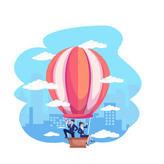 Business people in hot air balloons searching for new candidate employees, illustrating hiring and recruitment hr human resources. Flat style vector illustration