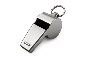 Silver metal whistle with keychain ring on transparent background