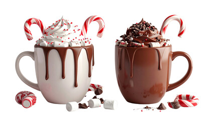  Winter 3D Hot Chocolate Duo with Marshmallows, Isolated on Transparent Background