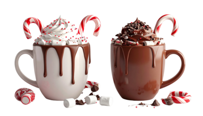  Winter 3D Hot Chocolate Duo with Marshmallows, Isolated on Transparent Background