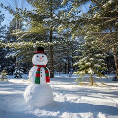 Snowy Snowman in Winter Forest.