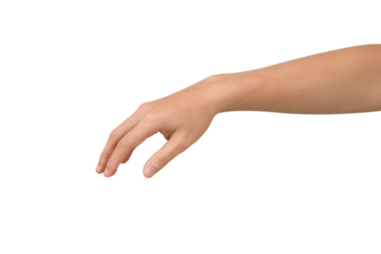 Close-up of a beautiful hand gesturing to pick up or hold a small, invisible object. Isolated on a transparent PNG.