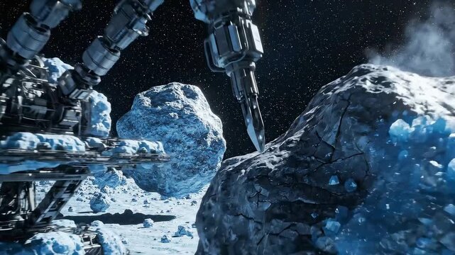 Space Mining Station Extracting Resources From Icy Asteroid