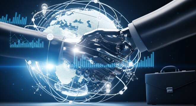 Futuristic Metallic Handshake Over a Digital Globe with Data Charts