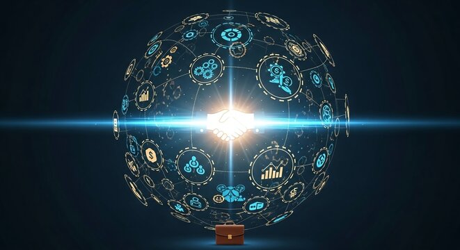 Sphere of Global Business Icons with a Central Handshake