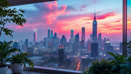 Fototapeta premium Cityscape Sunset Panorama from High Rise
