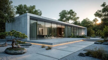 Fototapeta premium a modern minimalist house with glass walls and concrete structure, surrounded by a zen garden, ultra-realistic rendering, 