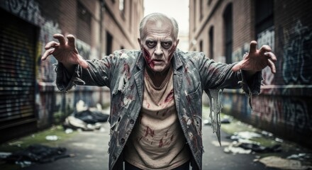 Obraz premium A man in a dirty, torn leather jacket and torn pants, with blood on his face and hands, standing in an abandoned alleyway with graffiti on the walls.