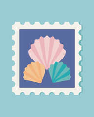 Vector art of three colorful seashells in a postage stamp frame, evoking a sense of travel, summer, and coastal charm on blue background