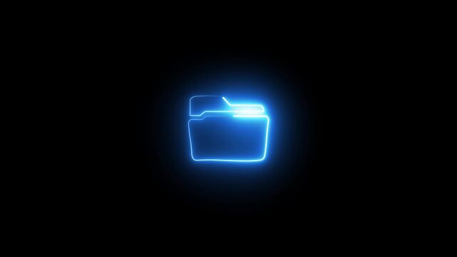 Glowing blue neon folder icon on black background with light effect symbol digital
