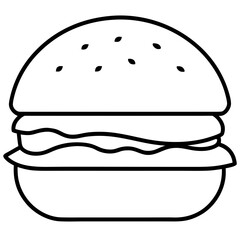 A simple black and white line drawing of a burger with sesame seeds on the bun and wavy filling layer