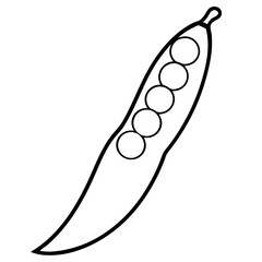 Illustration of a pea pod with five peas inside in black and white outline for coloring or educational use