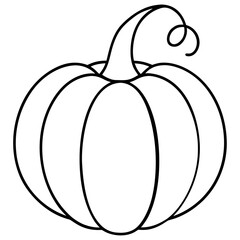 Illustration of a pumpkin with a curly stem and segmented body in black outline on a white background
