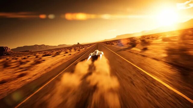 Speeding futuristic vehicle racing down desert highway at sunset