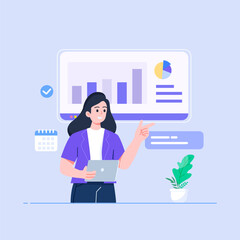 Business goal and target concept. Businessman pointing at bullseye financial target. Strategy for success, achievement, financial growth chart. Idea and innovation. Vector illustration.