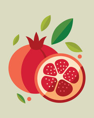 Vector art of a vibrant pomegranate illustration featuring a whole fruit and a crosssection, surrounded by fresh green leaves