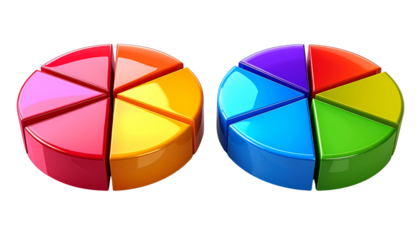 3D Pie Chart with Color Segments Bundle, Two Variations, Isolated on Transparent Background