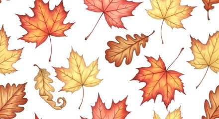 Seamless watercolor pattern featuring various hand-painted autumn leaves in warm orange, red, and yellow colors on a white background