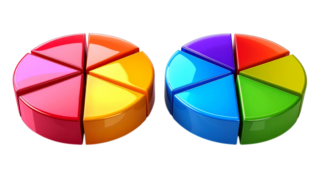 3D Pie Chart with Color Segments Bundle, Two Variations, Isolated on Transparent Background